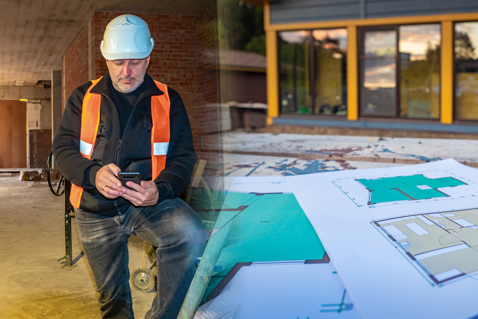 Construction project manager with smart device working on snagging list: Completion form created on the NestForms platform