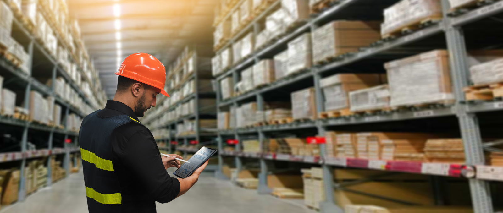 Construction materials warehouse worker in safety wear using NestForms Inventory Management app