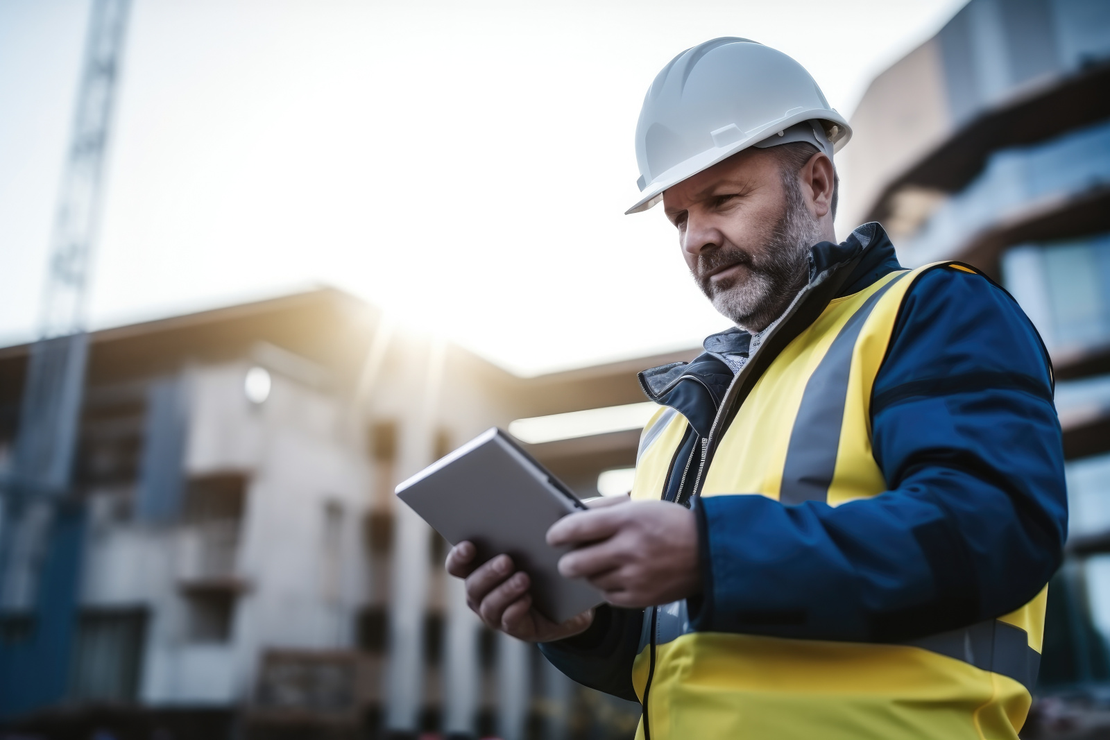 Construction project manager with smart device carrying out a new build snagging checklist with the NestForms Mobile Form App