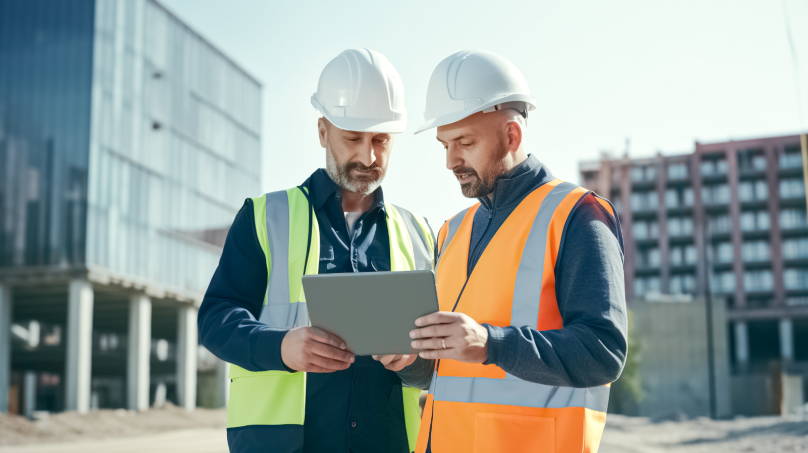 Two construction managers in safety helmets with smart device completing a snag list form with NestForms offline surveys