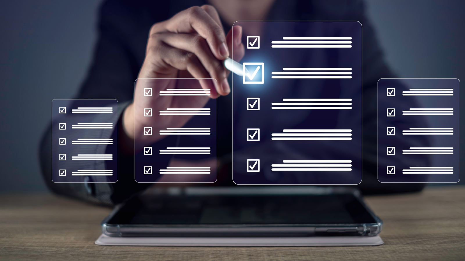 Concept image of person with smart device completing a digital form, icons showing multiple answer questions being checked