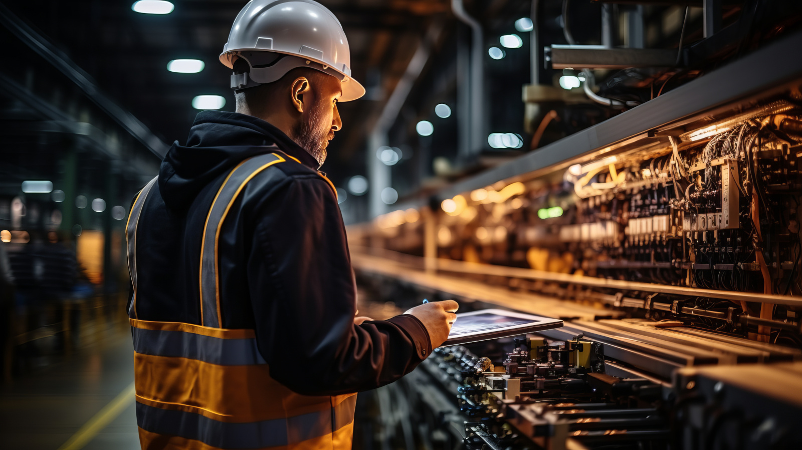 Factory worker at machinery wearing safety gear and holding tablet: NestForms Automated Project Completion Reports