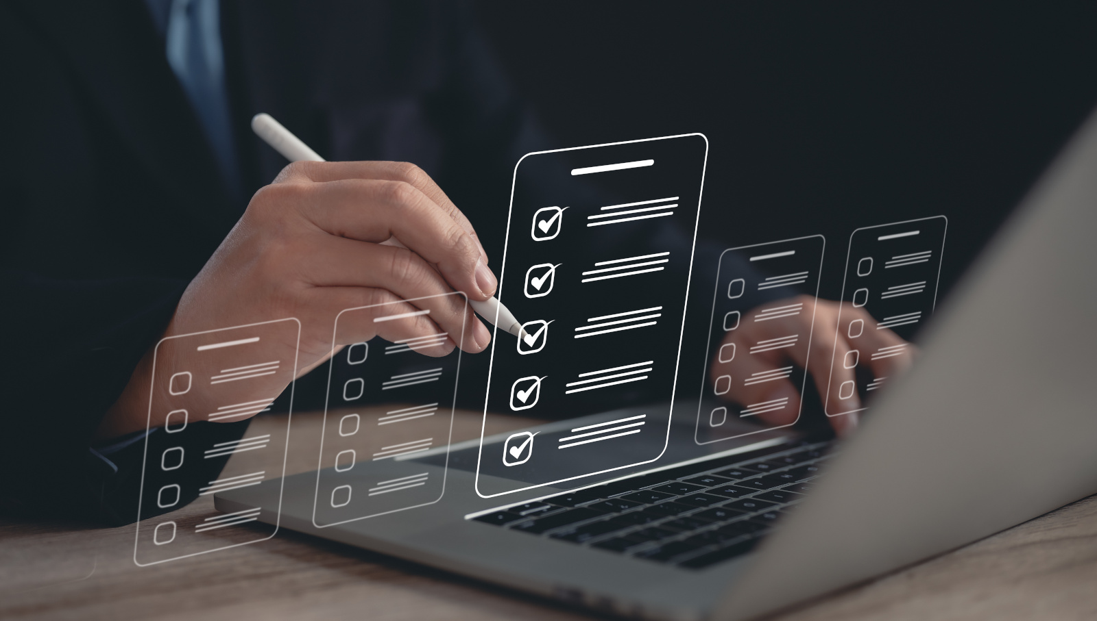 Concept image of person with laptop, there are icon images showing multiple answer questions: NestForms Work Completion Forms