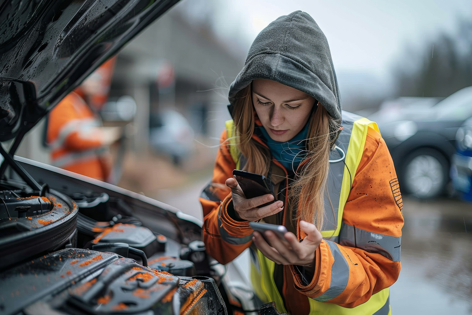 he NestForms mobile form app being used by a female mechanic for engine checks during a vehicle inspection