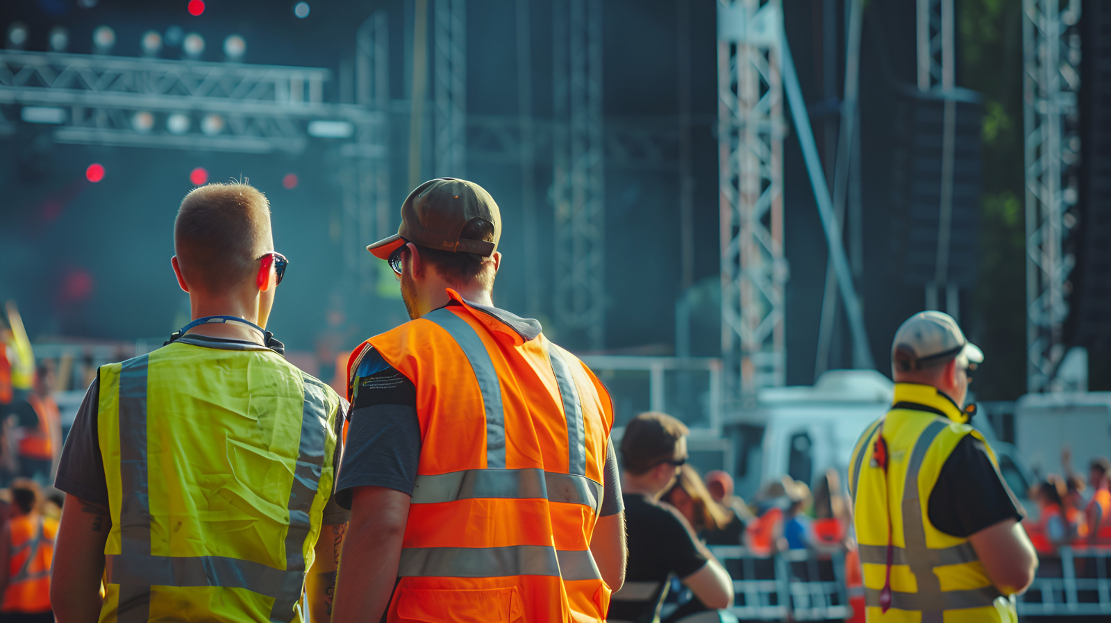 Event project management team observing the finishing touches to a rock festival stage: NestForms final inspection checklists
