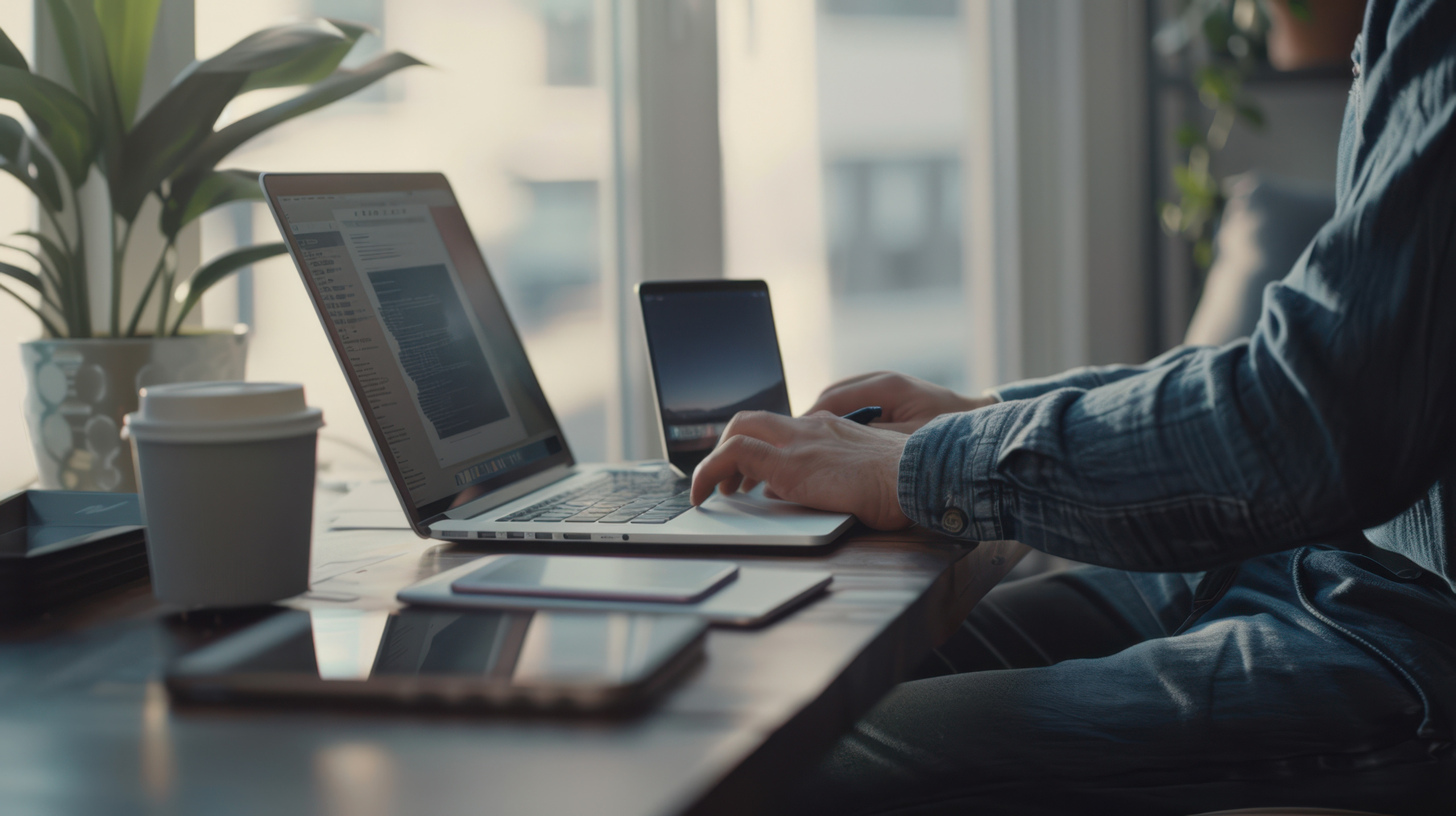 Project manager at desk with multiple smart devices working on a Project Completion Report with NestForms offline surveys