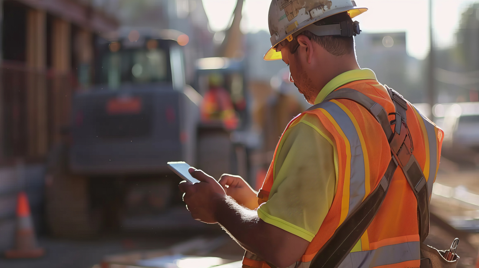 Construction worker in safety gear with smart device onsite working filling out a Project completion form on NestForms