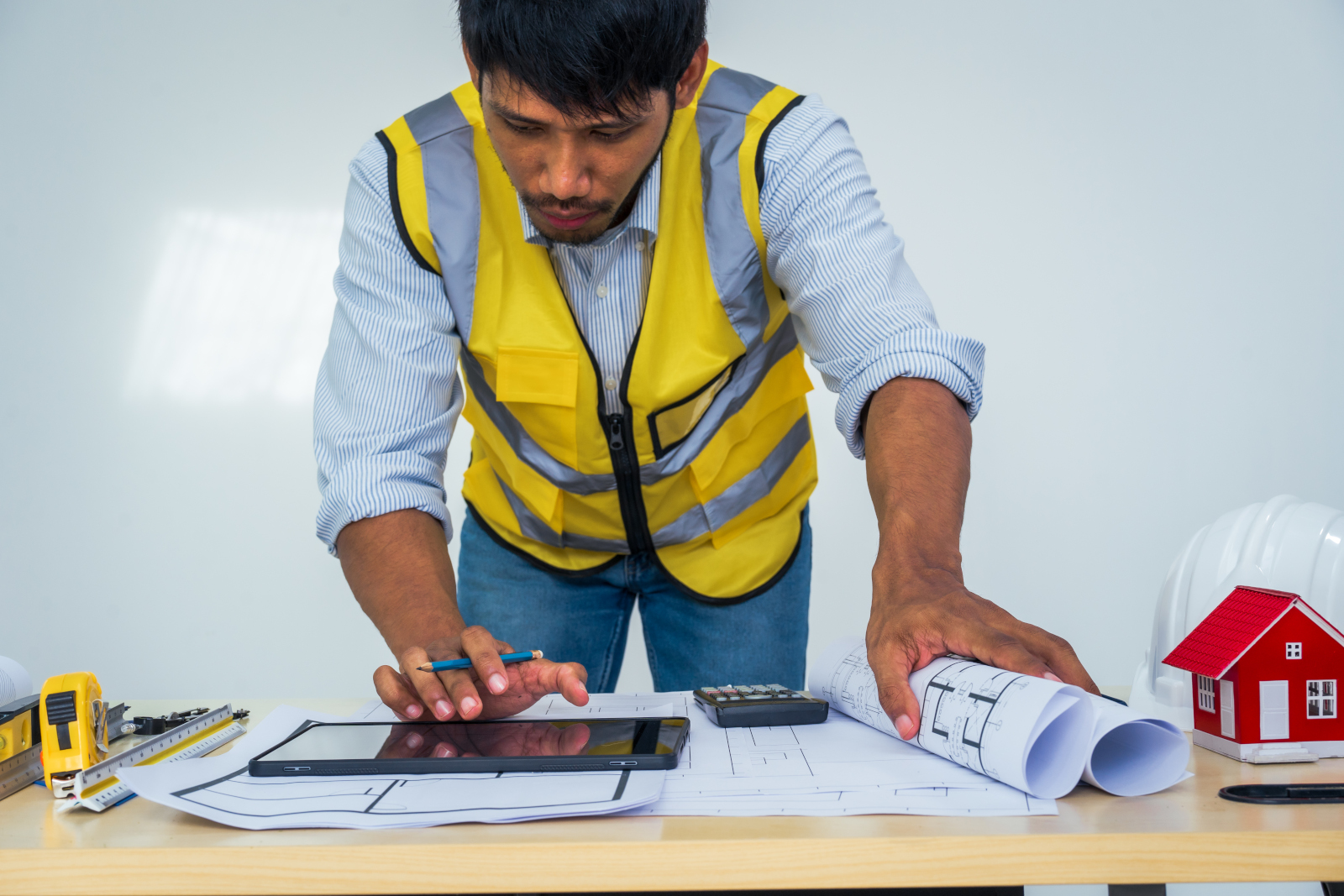 Architect at table with tools, plans and smart device: Completing a response with the NestForms Mobile Form App