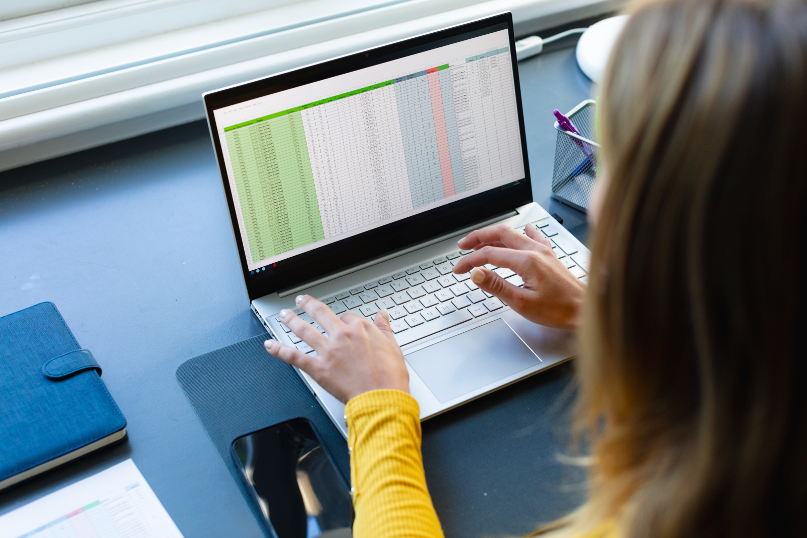 Female at desk working with a spreadsheet on laptop: NestForms offline surveys, the best surveyor app!
