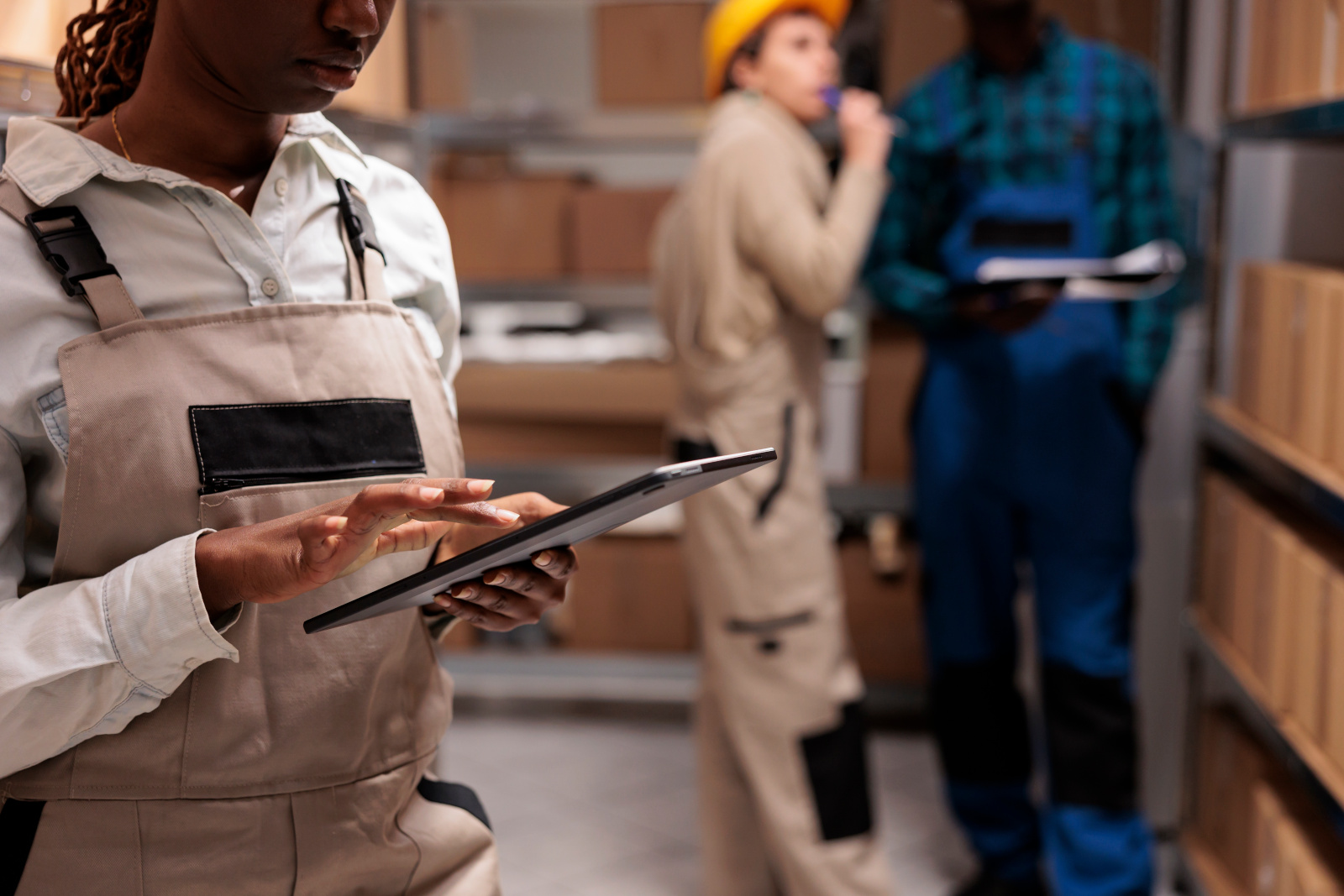 Delivery service warehouse worker monitoring order dispatching on tablet: The NestForms field service management software