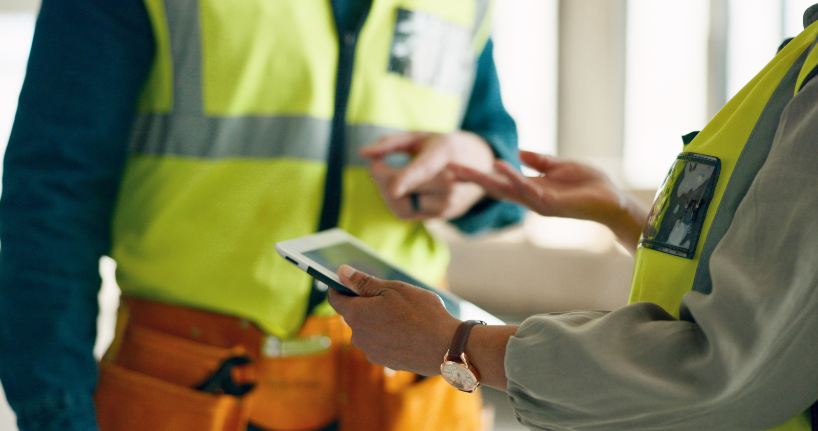 Two engineers in safety vests holding smart device: Offline Surveys with the NestForms Field Service Management App