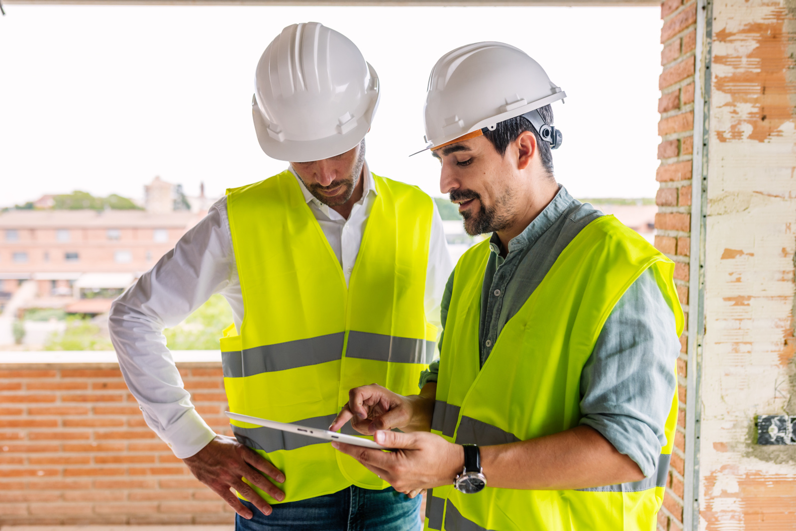Foreman and builder onsite using tablet to complete a Punch List Form: The NestForms field service management software