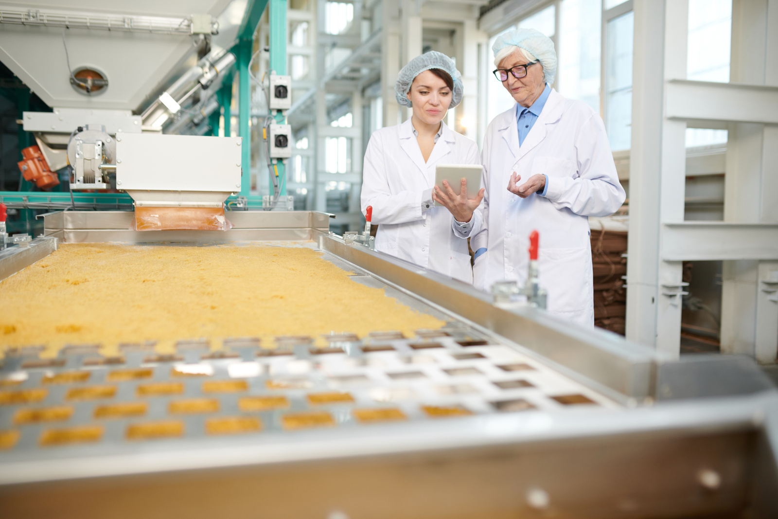 Two female Quality Control inspectors with tablet in food production factory: The NestForms Quality Control Checklist App