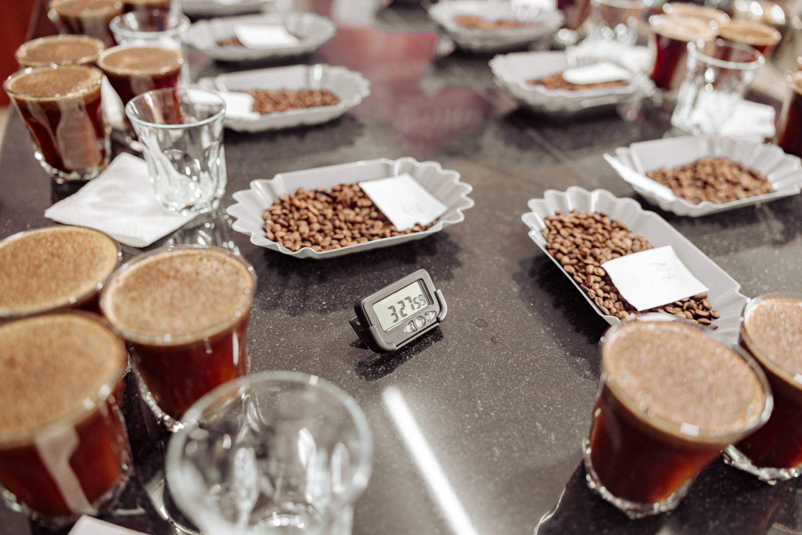A selection of coffee samples ready for tasting as part of a product promotional event: The NestForms Mobile Survey App
