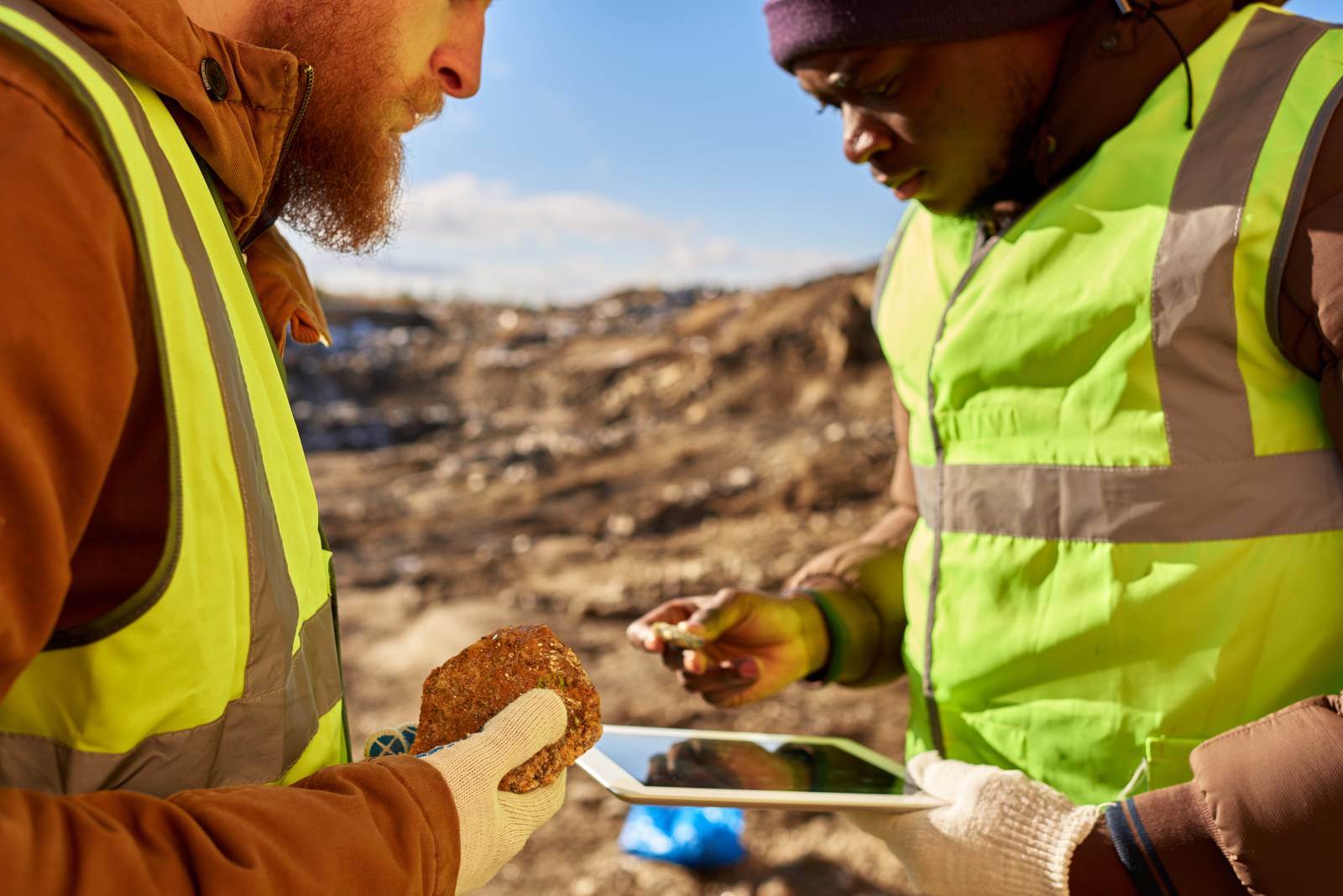Two land surveyors on site with smart device: The NestForms GPS Land survey app for efficient mobile data collection