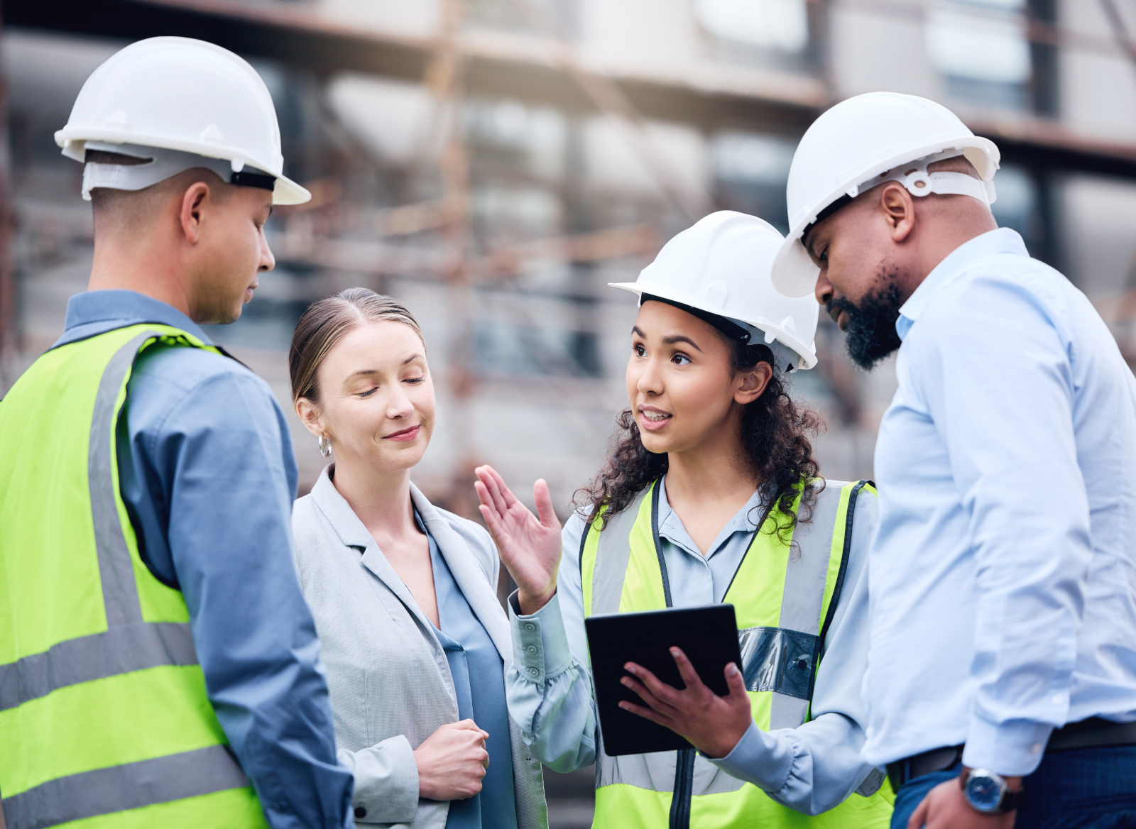 Construction worker, architects and client in safety gear grouped around a tablet: NestForms Job Completion Forms