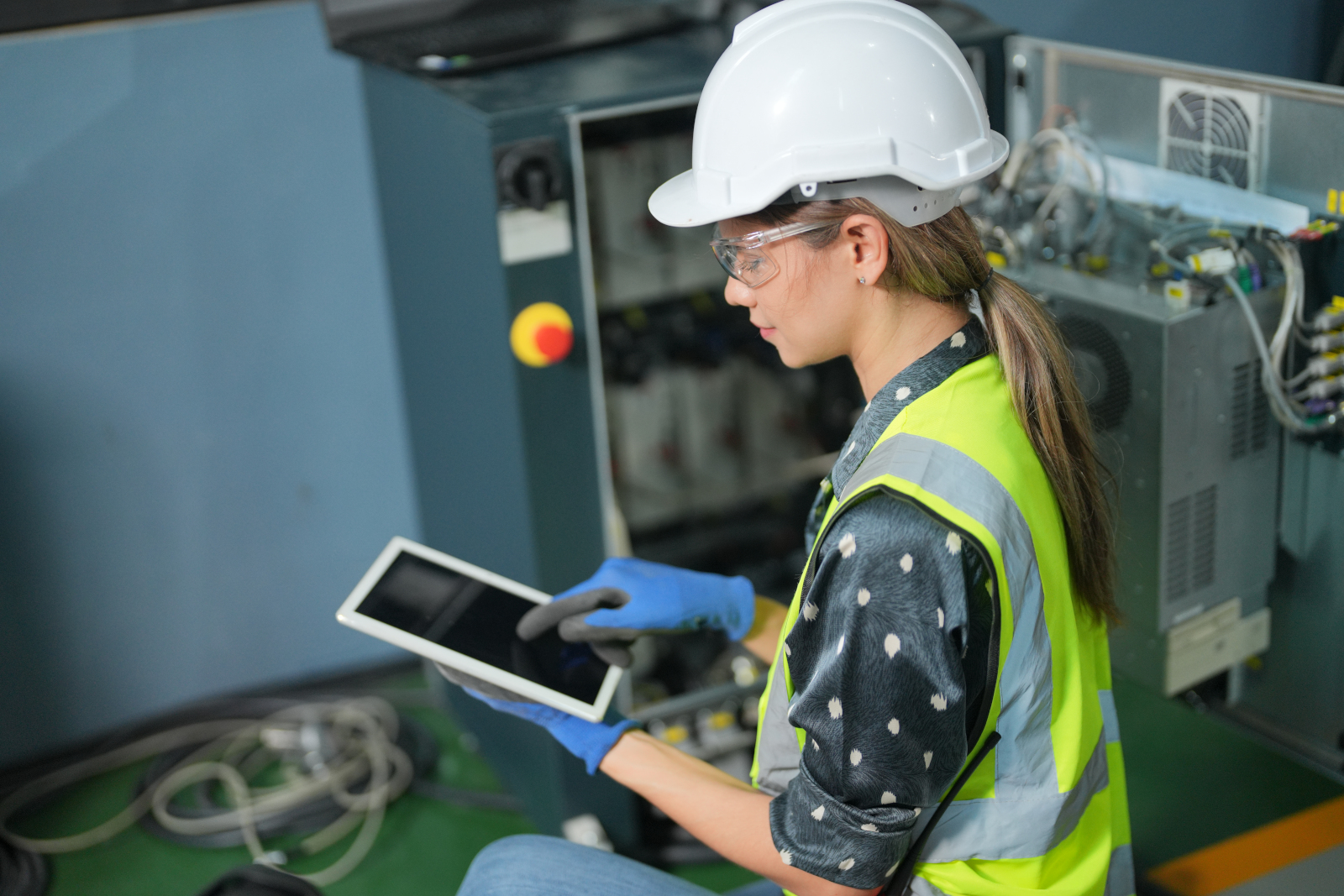 Female engineer with tablet in front of tech machinery entering data for a work completion report: NestForms offline surveys