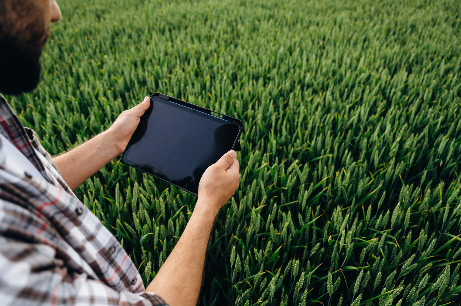 Agricultural worker or agronomist taking an image with a tablet in a field: NestForms field service management software