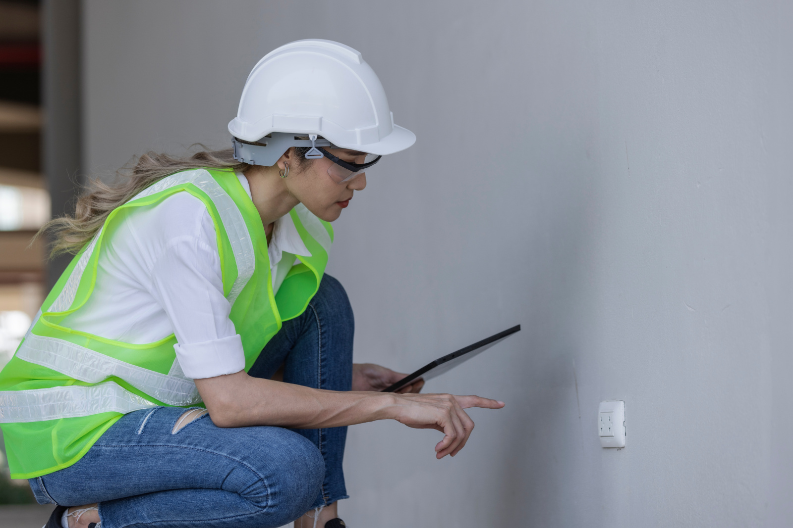 Construction worker with tablet inspecting electrical fittings: The NestForms field service management software
