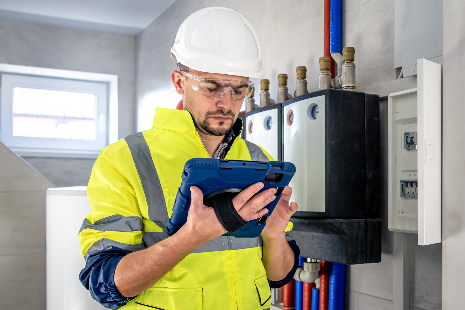 Electrical technician carrying out an inspection on a fuse box and filling out a mobile form: NestForms Offline Surveys