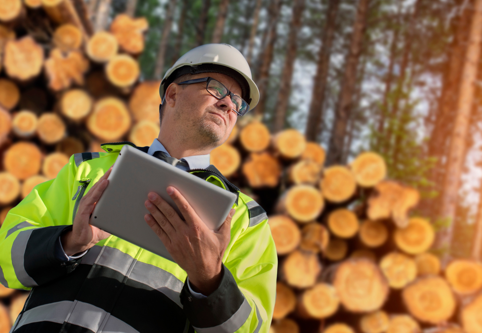 Health and Safety inspector with smart device at timber production business