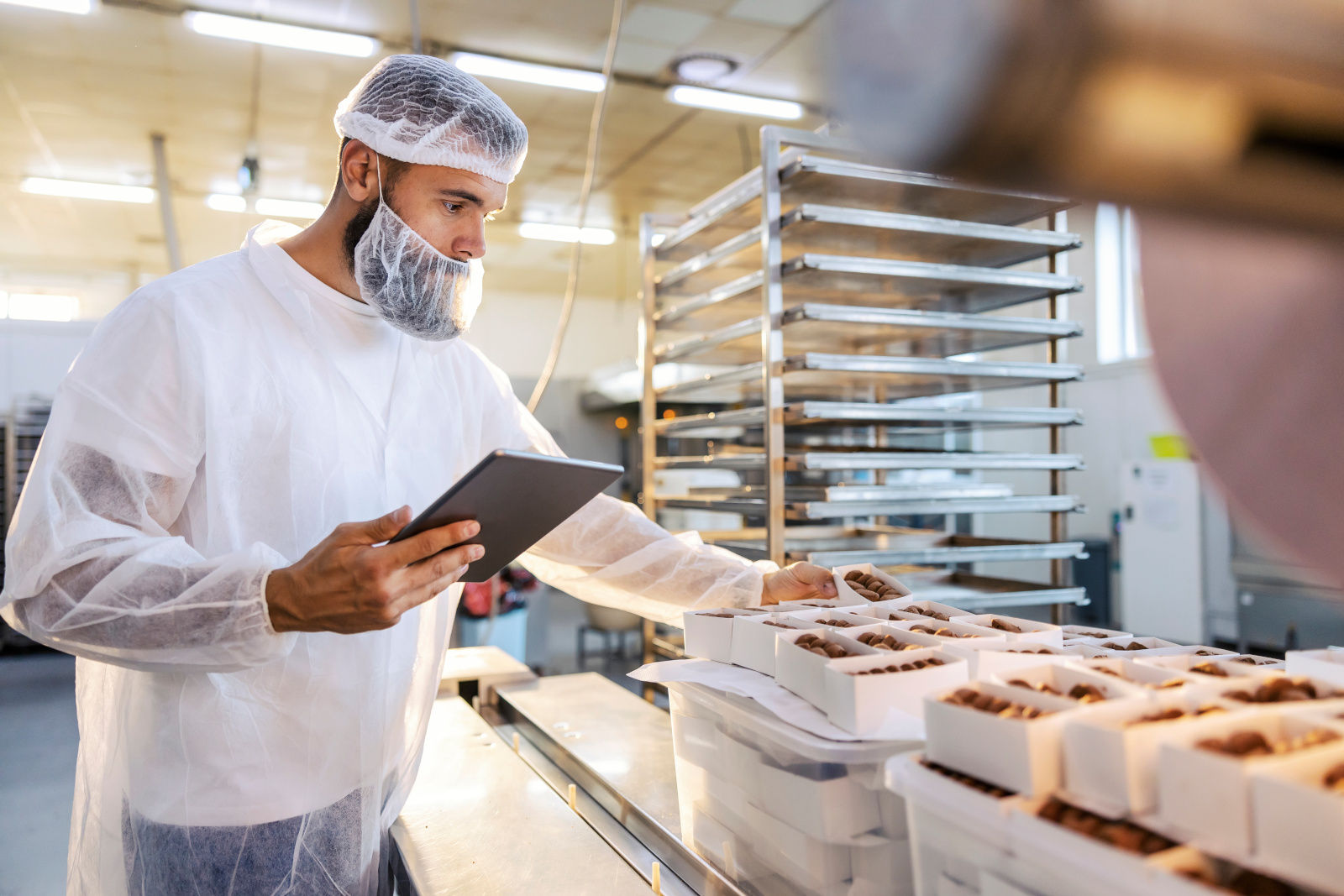 Inspector using the NestForms Quality Control Checklist app on food production line