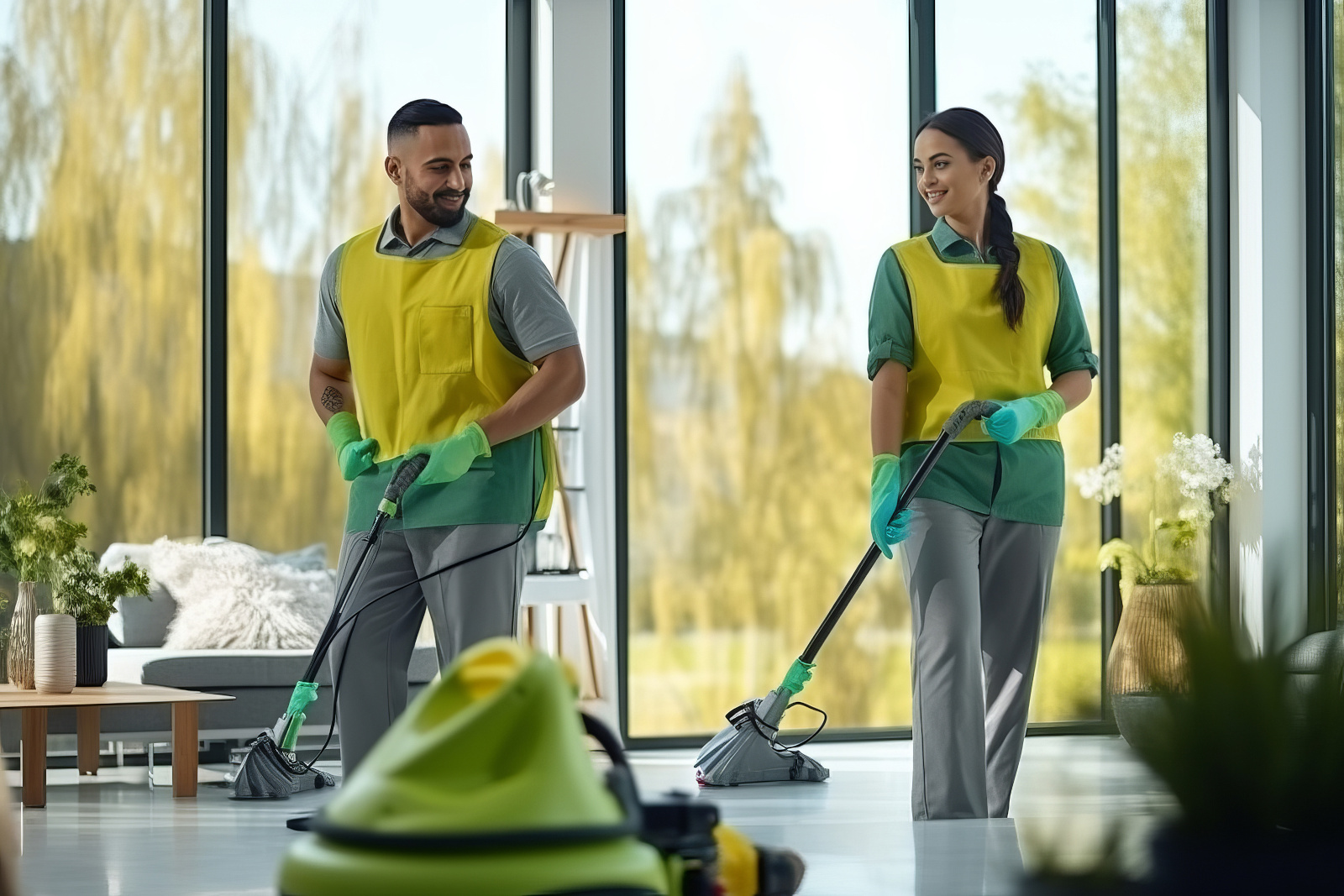 Two cleaners cleaning the floor of large office lobby